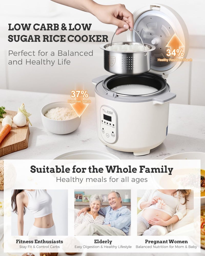 TLOG Low Carb Rice Cooker 2L(8 Cups Cooked), Low Sugar Healthy Rice Maker with 304 Stainless Steel Steamer Basket, 5 Cooking Presets, 24H Timer & Keep Warm Function - Image 2